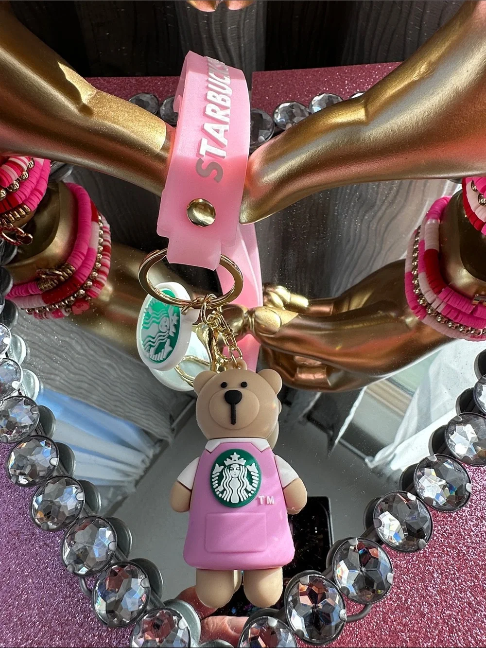 Starbucks Pink Bear Keychain with Logo Tag